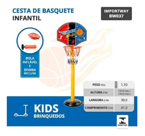 Cesta De Basquete Infantil Com Bola Inmetro Regulável Bw037 