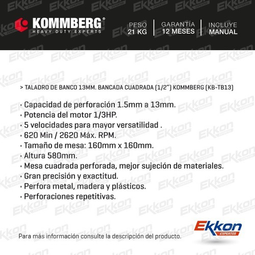 Imagen 2 de 8 de Taladro De Banco 13mm Agujereadora Kommberg 1/3 Hp
