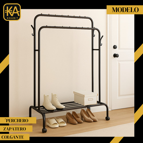Perchero Doble Móvil Ruedas 360 Hogar Ropa Zapatos Color Negro Koabit