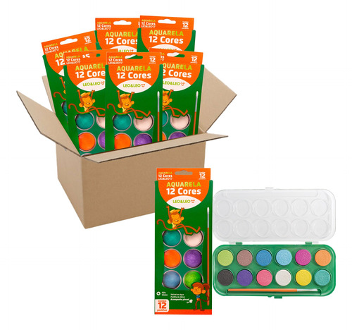 Kit 6 Estojos Tinta Aquarela 12 Cores Com Pincel Leo&leo