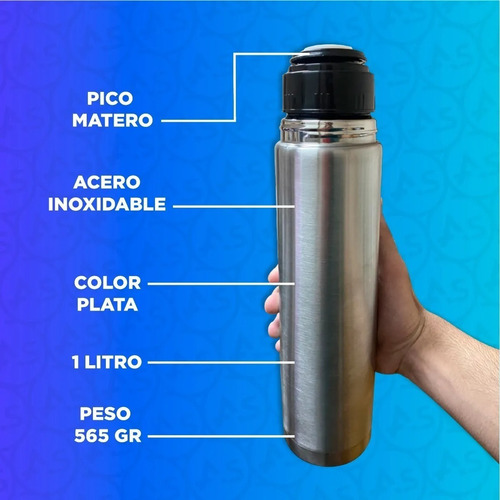 Imagen 4 de 10 de Termo Bala 1 Litro Acero Inoxidable Matero Pico Cebador Mate