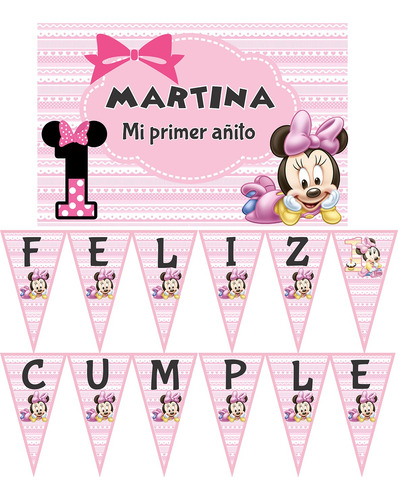 Minnie Bebe Cartel Y Banderin Decoracion Cumpleaños Rosa