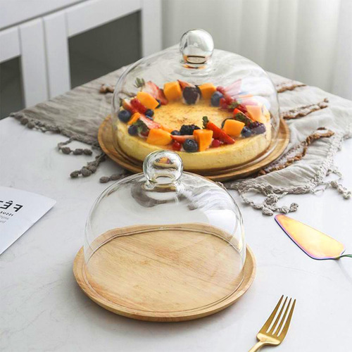 Cloche De Cristal Con Base De Madera De 20 Cm Para Postres Y
