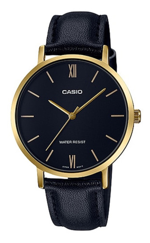 Reloj pulsera Casio Dress LTP-VT01 de cuerpo color dorado, analógico, para mujer, fondo negro, con correa de cuero color negro, agujas color dorado, dial dorado, bisel color dorado y hebilla simple