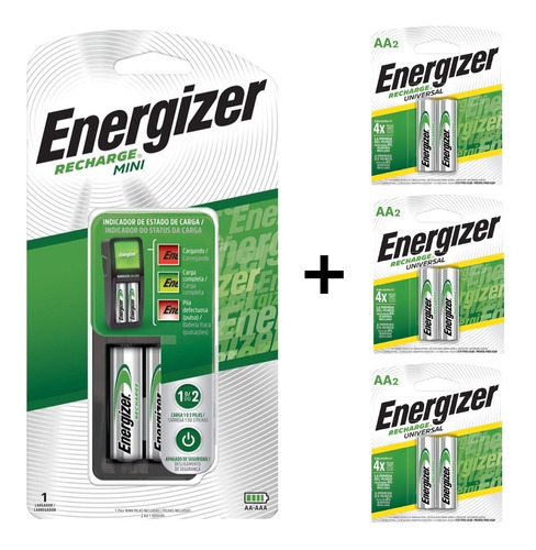 Combo Cargador Energizer Mini + 8 X Pilas Recargables Aa