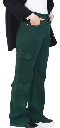 Cargo Verde Oscuro Jean Wide Leg Rigido Tendencia Mujer Moda