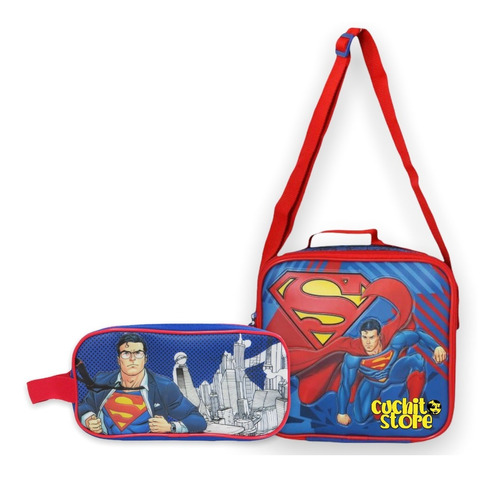 Lonchera Termica Escolar Superman Original + Estuche Doble