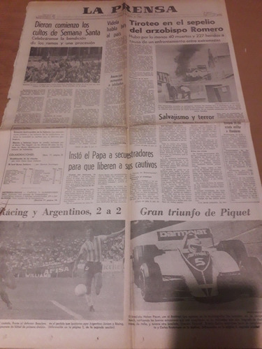 Tapa Diario La Prensa 31 03 1980 Racing Argentinos Piquet 