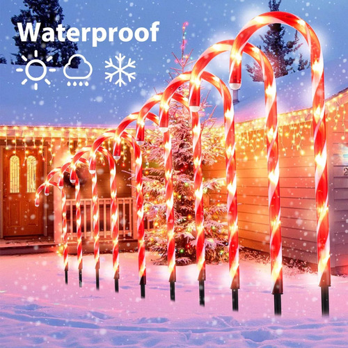 10 Bastones Navideños Luces Led Estaca Caramelo Jardín/patio