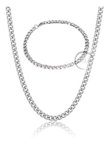Imagen 1 de 10 de Combo Collar + Pulsera Hombre Acero Quirurgico Eslabon 0.5cm
