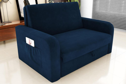 Sofá Cama Com Baú 2 Lugares Daiane Suede Azul Matrix