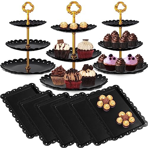 9 Pcs Black Dessert Table Display Set Includes 6 Rectan...