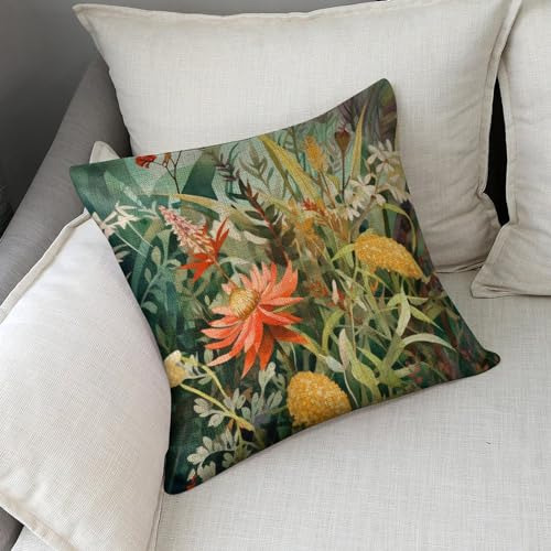 Funda De Almohada De Lino De 18x18 Pulgadas Con Flores Acuar