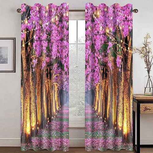 Pink Flower Blackout Curtains Floral Tree In Spring Graphic