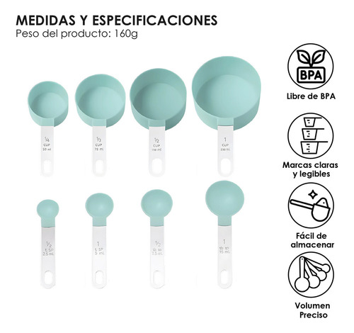 Juegos 8 Cucharas Medidoras Y Tazas Acero Inoxidable Colores