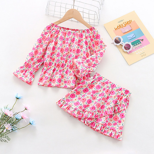 Conjunto Casual Algodón Camisa Y Falda Con Estampado Floral Rosa Chicle 3-4 Años