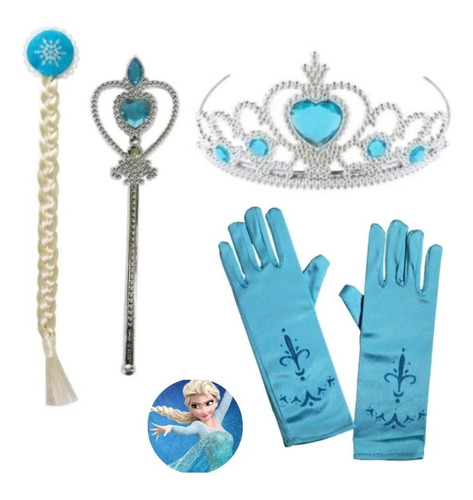 Kit Frozen Elsa Acessórios C/ Trança, Luvas, Coroa E Varinha Cor Azul