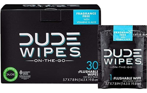 Toallitas Húmedas Desechables Dude Wipes, 30 Toallitas Envueltas Individualmente Para Viajes, Toallitas Húmedas Sin Perfume Con Vitamina E Y Aloe, 100% Biodegradables, Aptas Para Alcantarillas Y