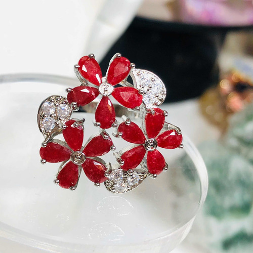 Anillo Flores Plata 925, Rubi Rojo Real 100% Natural N18