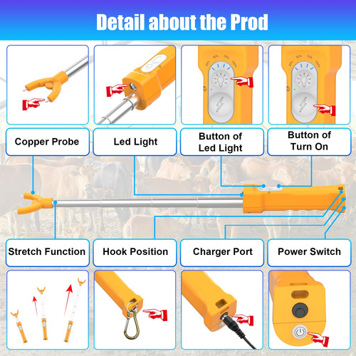 Cattle Prod Recargable Led, Impermeable Y Retráctil 94 Cm