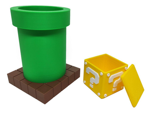 Kit Cano E Cubo Porta Objetos Caneta 3d Mario Gamer Mesa