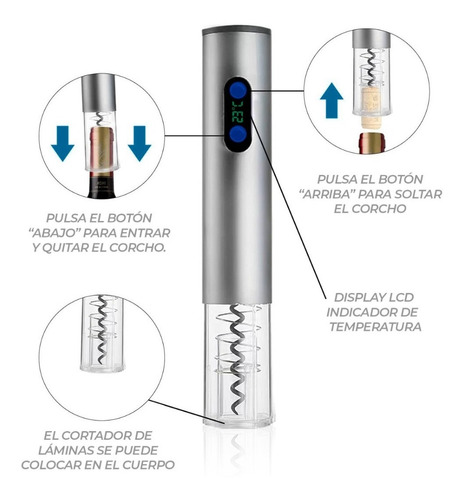 Imagen 7 de 10 de Sacacorchos Automático Recargable Con Luz Led Alta Cálidad