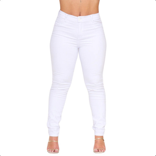 Calça Jeans Branca Feminina Super Lycra Skinny Cintura Alta