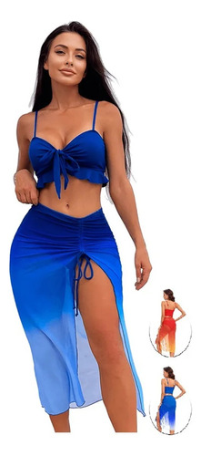 Traje De Baño Sexy Bikini Para Mujer Con Falda 3 Piezas