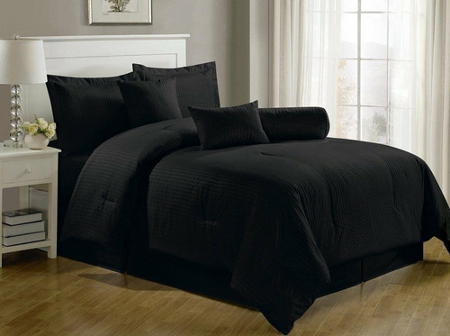 Kit Edredón Colcha Sobrecama Queen Negro Set 7 Piezas