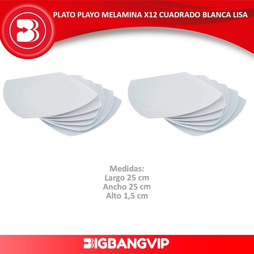 Imagen 2 de 6 de Plato Playo Melamina X12 Cuadrado 25cm Liso
