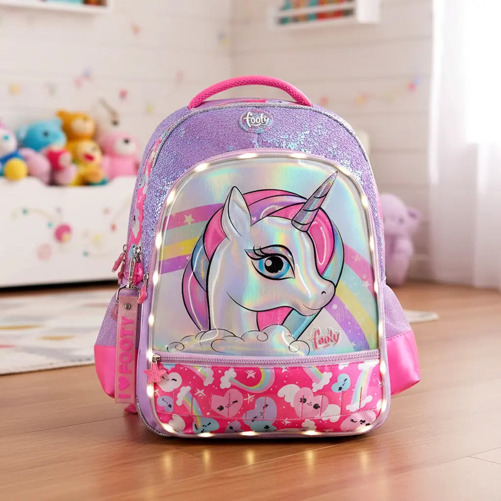 Mochila Escolar Footy Unicornio con Luz LED Violeta
