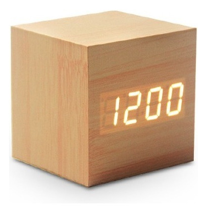 Reloj Digital Despertador Cubo De Madera Luz Led /03-tl120 Color Marrón