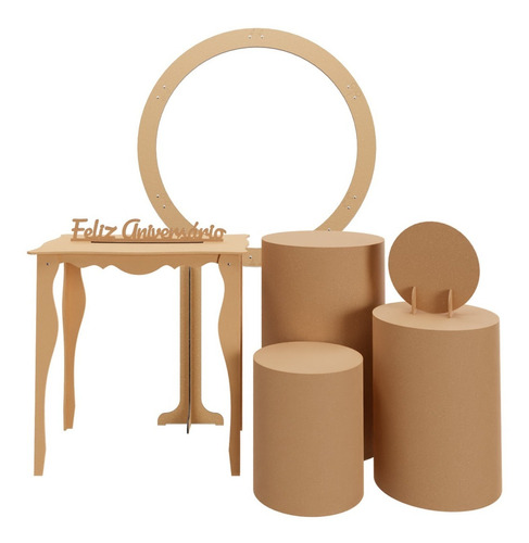 Kit Festas Trio Cilindros Com Mesa + Painel Arco Em Mdf Cru