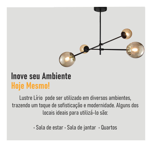Lustre Lírio Preto Com 4 Globos Esfera De Vidro Âmbar