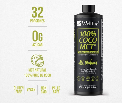 Imagen 4 de 5 de Wellthy 100% Coco Mct Natural 480ml