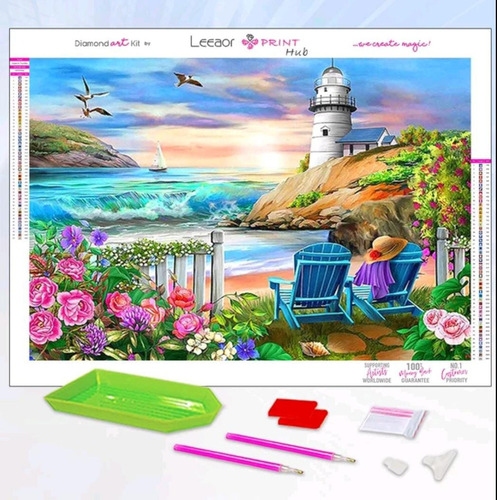 C Kit De Pintura De Diamante 5d Paisaje Playa Faro 40x30cm