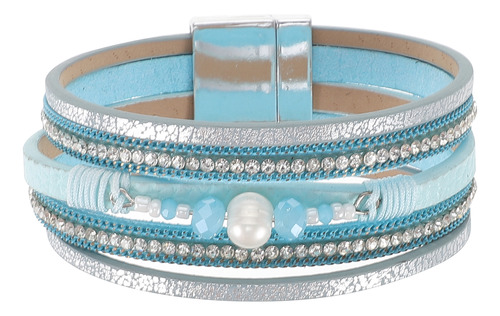 Pulsera De Perlas De Cristal De Cuero Retro Azul, Joyería De