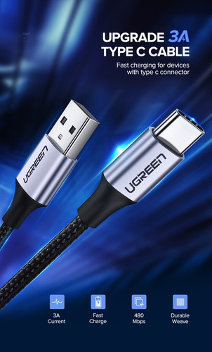Cable Usb Ugreen Tipo C 3 Metros Uso Rudo Carga Rapida 18w
