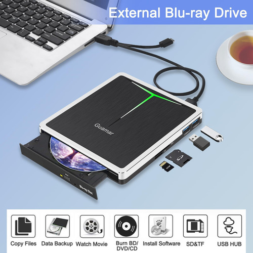 Guamar Externa Blu Ray Drive, Usb C Blu Ray Burner Portátil