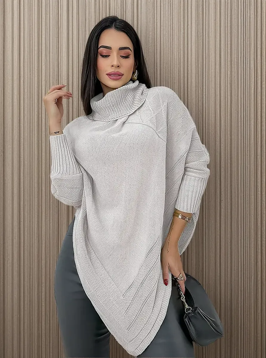 🛍️ Blusa Poncho Tricot Assimétrico Alongado Manga Longa Suéter Branco Único