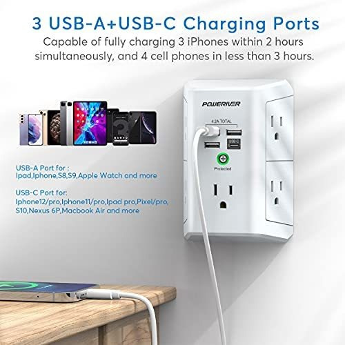 Extensor De Enchufe MĂșltiple Con Usb - Poweriver Surge Prote
