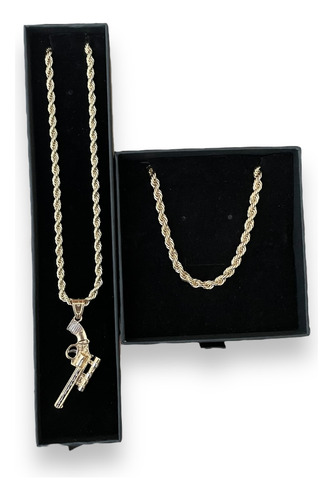 Kit Revólver Cadena Pulso Y Dije En Baño De Oro 18k