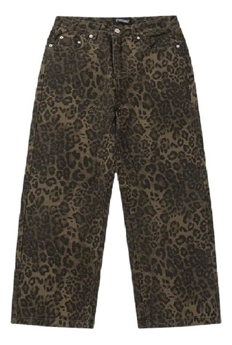 Jeans Con Estampado De Leopardo Pierna Ancha Con Bolsillos