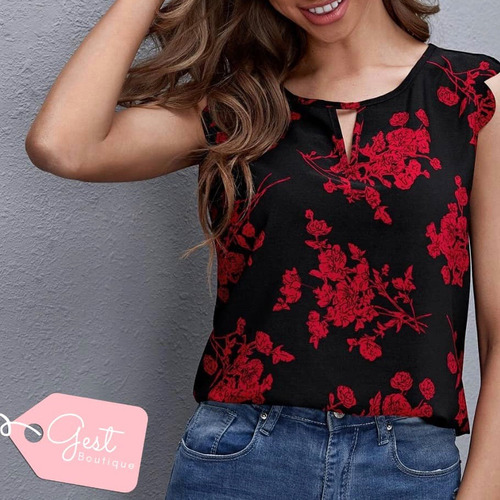 Blusa Para Dama Color Negro Con Estampado Florales Rojos 