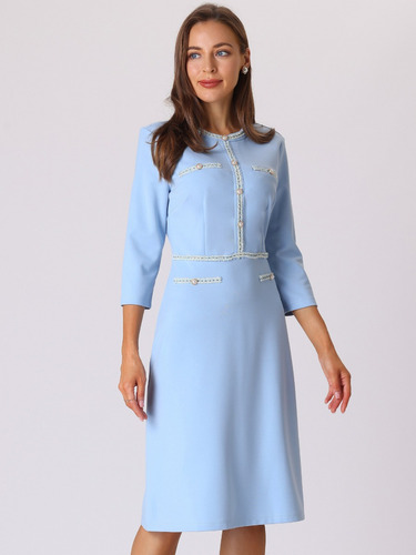 Vestido Mujer De Tweed A-line Con Manga 3/4 Elegante Oficina