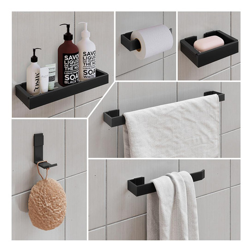 Kit Acessórios Banheiro Lavabo 6 Peças Preto Alumínio Luxo