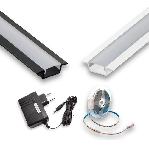 Kit Perfil Alumínio Embutir Slim 2metro Com Fita Led E Fonte Cor da luz Preto Branco-frio 12V