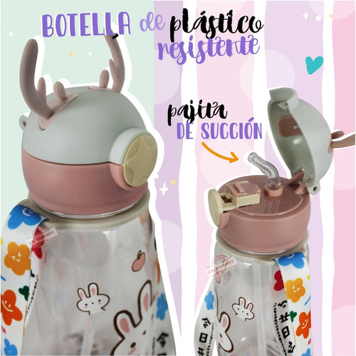 Imagen 3 de 9 de Botella De Agua Kawaii 600 Ml Crossbody Animalitos 600180