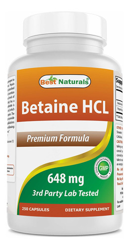 Betaína Hcl 648 Mgbest Naturals-  250 Cápsulas