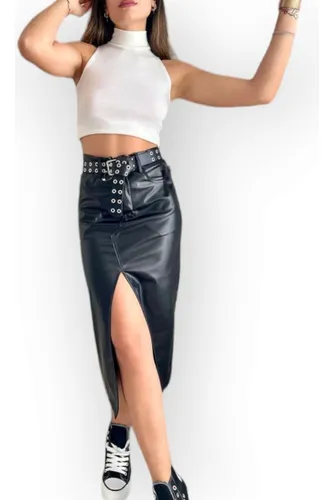 Pollera De Mujer Larga Midi Cuerina Engomada C Tajo